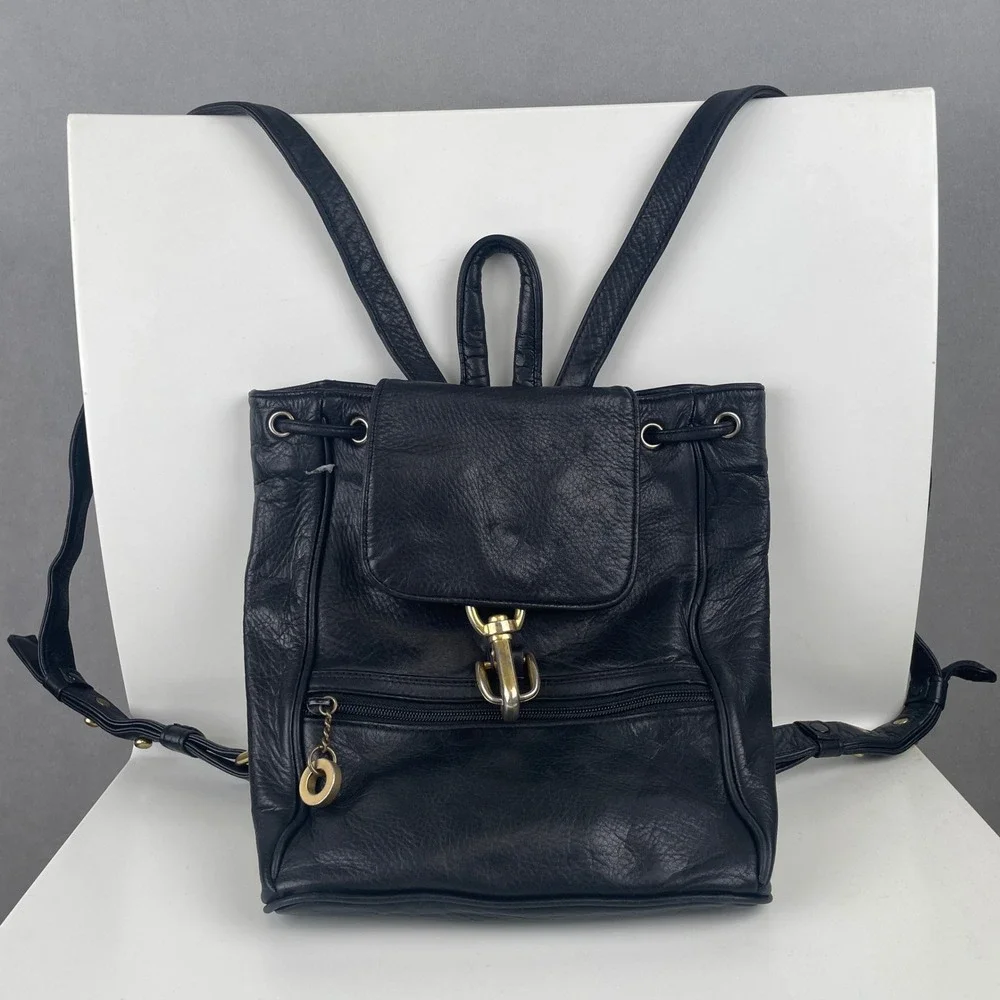 VTG 90s Perlina New York Black Leather Backpack Drawstring Flap Rucksack Korea